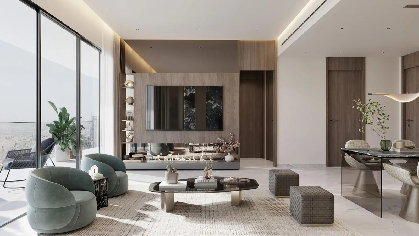 Living and dining room inside a South Haven Samana apartment with full-height glazing