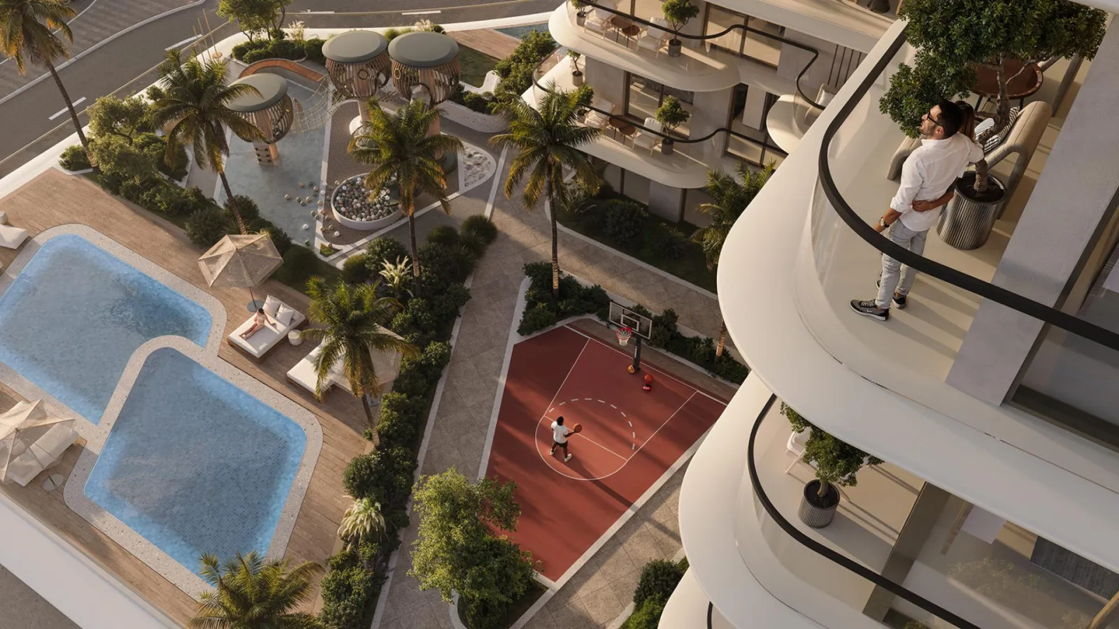 Aerial view of the South Haven Samana podium showing the pools, kids play area and multipurpose court