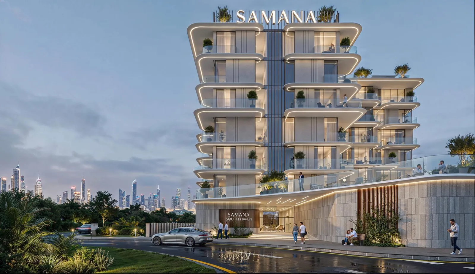 South Haven Samana tower at dusk with illuminated balconies and the Dubai Marina skyline behind