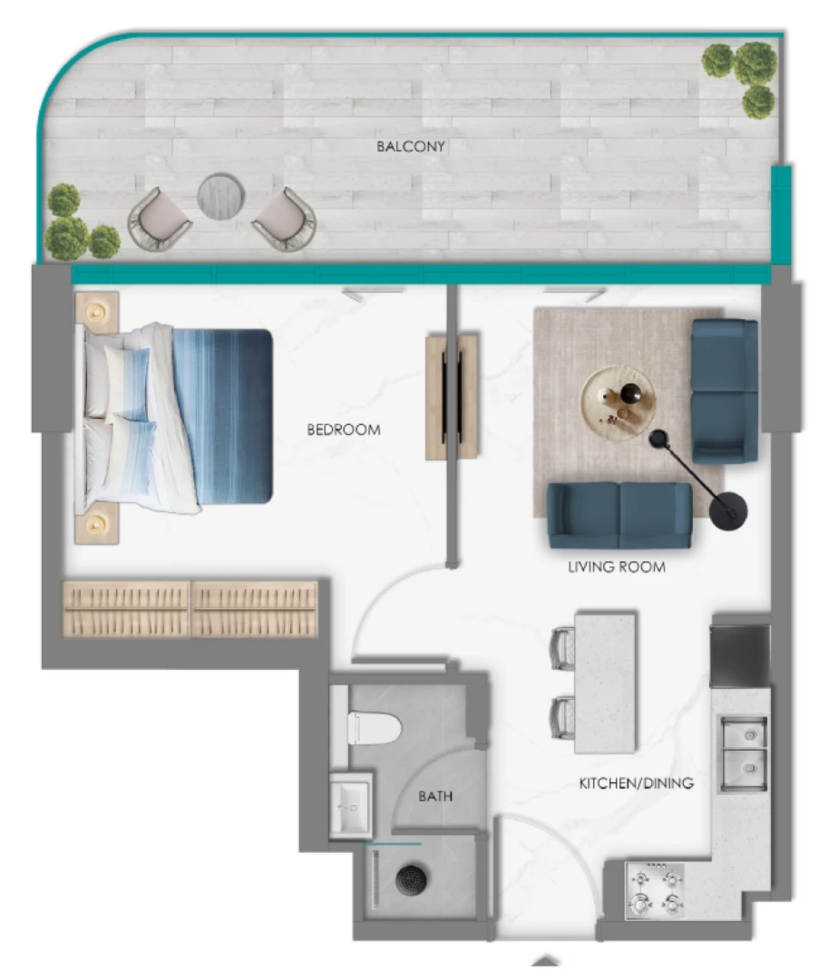 One bedroom Type 2 floor plan at South Haven Samana with wardrobe run in the bedroom and kitchen-dining island