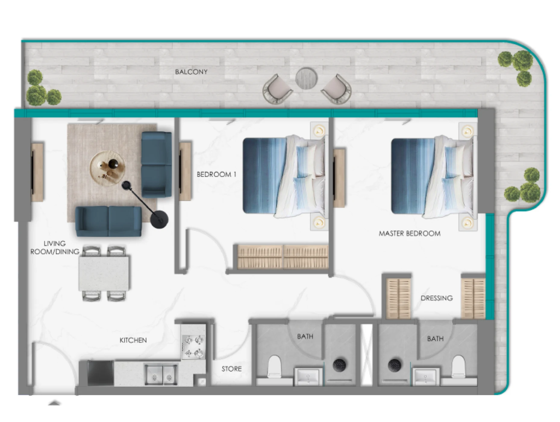 Two bedroom floor plan at South Haven Samana with wrap-around balcony, two bathrooms, dressing and store